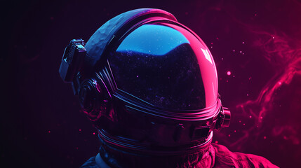 Astronaut helmet reflecting cosmic scene with vibrant colors and starry background in deep space exploration
