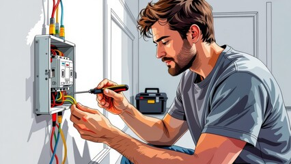 Person wiring switc with focus on electrical work, using screwdriver on electrical panel. Concept of person wiring switc highlights skills in electrical maintenance and repair.