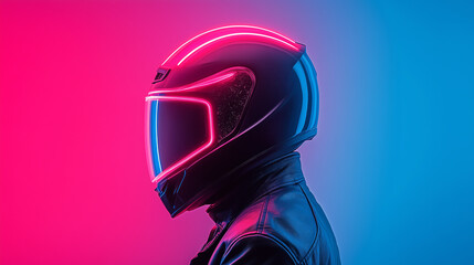 Motorcycle helmet illuminated by neon lights creating an urban vibe in a dark setting during the evening