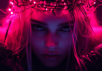 Portrait featuring a model with intense gaze surrounded by vibrant pink lights at a moody studio setting