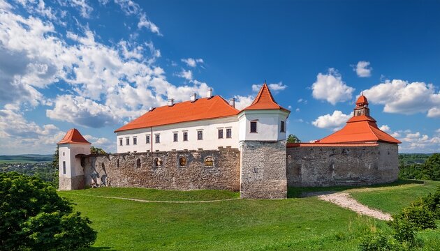 ancient stone fortress of zbarazh castle with white building and red roof surrounded by green grass and trees under a blue sky with fluffy clouds in ternopil region ukraine