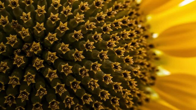 Extreme close up of sunflower head with yellow florets and green seeds, detailed plant texture footage.