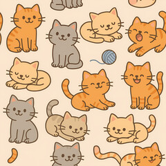 Seamless Cartoon Cat Pattern with Cute Kittens and Yarn Balls on Light Background