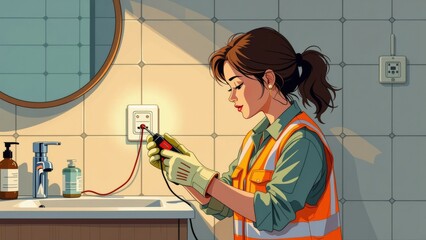 Person wiring switc with multimeter in bathroom setting, focused on voltage measurement, engaged in electrical work. Concept of person wiring switc showcasing skills in electrical work.