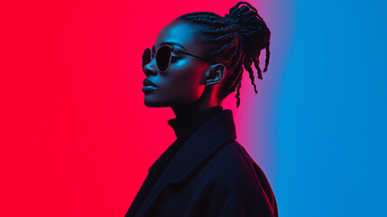 Stylish woman wearing sunglasses poses against a vibrant background of red and blue lights in an urban setting