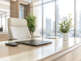 Fototapeta premium Executive office with cityscape view modern workspace business environment professional setting urban aesthetic