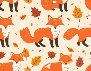 wrapping paper pattern with whimsical foxes and autumn leaves in shades of orange and brown on a cream background