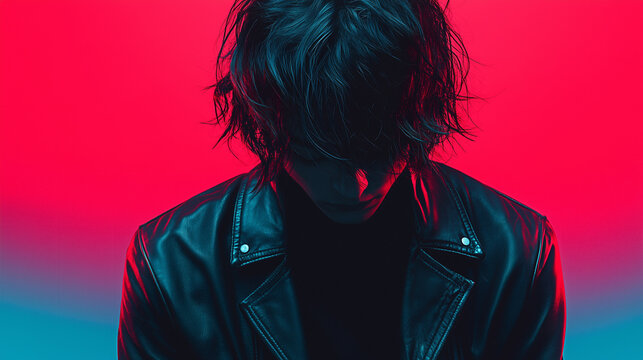 Young person in leather jacket under dramatic lighting, capturing an introspective moment in a creative setting