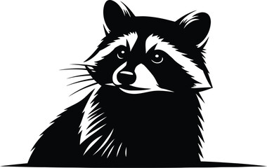 A black and white illustration of a raccoon looking forward on a white background