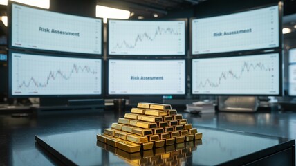Gold Bars Stacked in Front of Risk Assessment Screens in Trading Room