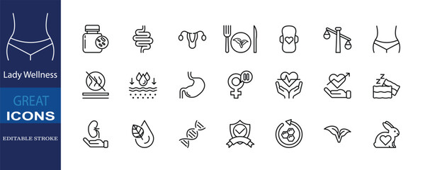 Editable stroke icon set about feminine health, intimate care, probiotics, and vaginal wellness. Ideal for packaging and medical infographics.
