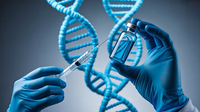 Gloved hands holding syringe and vial with dna helix background for genetic research

