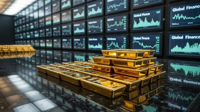 Gold Bars Reflecting Financial Market Data on Screens