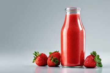Strawberry smoothie healthy drink in glass bottle with fresh strawberries, nutritious diet beverage, vibrant red color, refreshing and delicious for breakfast or snack