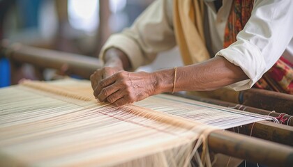 Man weaving silk saree on loom, close-up