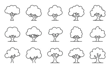 Set of Diverse Tree Outline Icons Vector Illustration - Minimalist Hand-Drawn Nature Symbols Collection for Environment, Forest, Growth, and Landscape Design Elements
