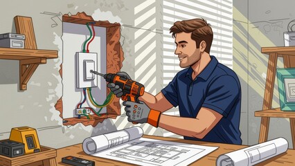 Person wiring switch with smile, using cordless drill on wall with wires, surrounded by tools. Concept of person wiring switch illustrates electrical work and creativity in DIY projects.