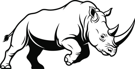 Obraz premium A striking black and white illustration of a charging rhinoceros on white background