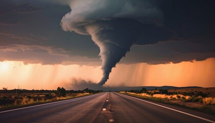Tornado twister on empty rural road under stormy sky