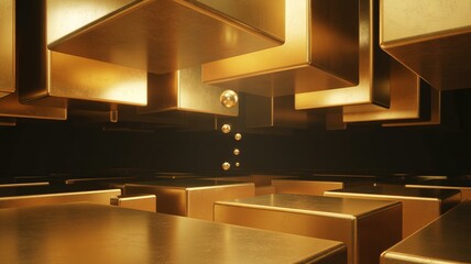 Golden Cubes and Spheres: Abstract Metallic Composition with Dark Background