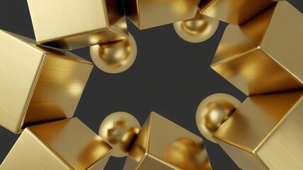Geometric Golden Cubes and Spheres Composition on Dark Background, Abstract Art