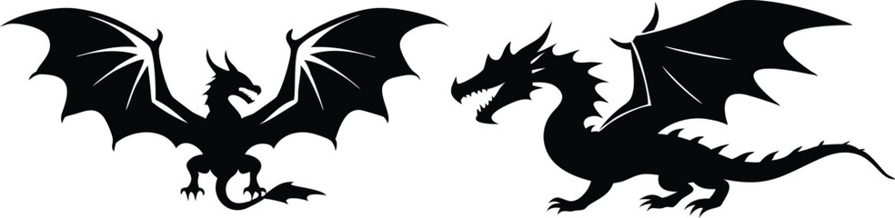 Obraz premium Mythic Shadows: A pair of majestic dragons are silhouetted against a muted backdrop, their intricate forms radiating an aura of power and fantasy. These creatures embody strength, mystery.