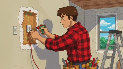Person wiring switch using cordless drill, focused on electrical work. Concept of person wiring switch in colorful room with wooden ceiling and green trees outside.