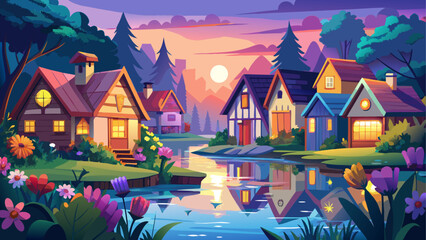 Obraz premium Charming colorful cottages line a peaceful waterfront, surrounded by blooming flowers and glowing warmly at dusk. A picturesque village scene reflected in the calm water under a pastel sky.