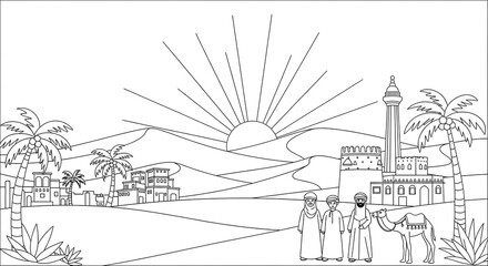 Obraz premium Stylized line art depiction of a desert landscape with traditional arabic architecture palm trees people in traditional clothing a camel and a rising sun isolated on transparent background