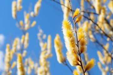 Naklejka premium Fluffy yellow flowering branches of goat willow against a vibrant blue sky, symbolizing the arrival of springtime and new beginnings