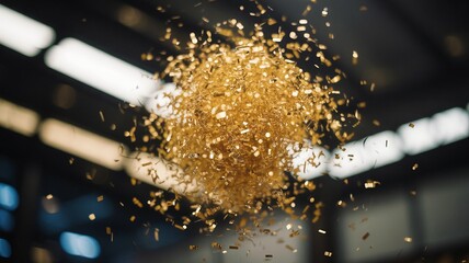 Golden Confetti Explosion Against Dark Background