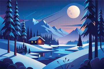 Winter Wonderland. Cabin by Frozen Lake Under the Full Moon