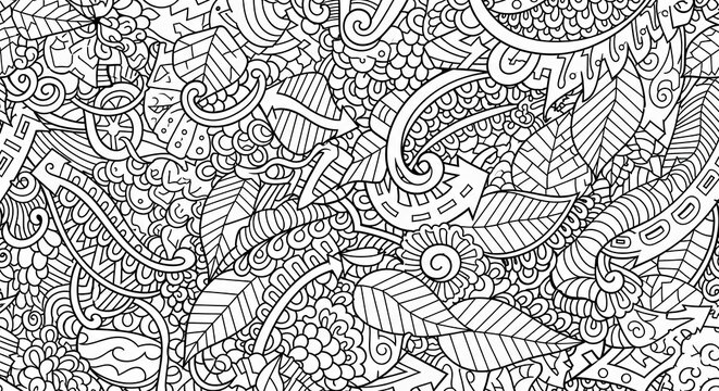 Intricate black and white doodle pattern, featuring leaves, swirls, and abstract shapes, creating a complex and visually engaging design, ideal for adult coloring book or textile print
