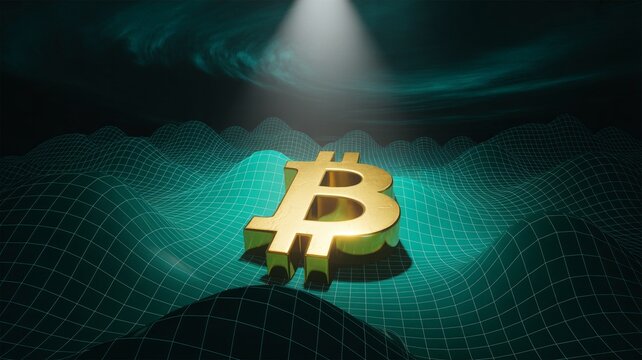 Golden Bitcoin Symbol on a Futuristic Grid Landscape