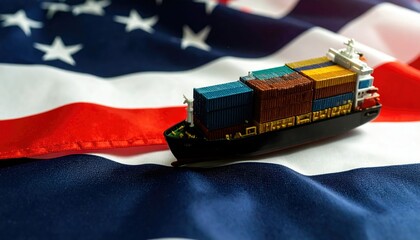 United States and Thailand Maritime International Trade War with high tariffs Concept, a container ship model toy placed on the flag