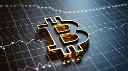 Golden Bitcoin Symbol on Dark Grid Chart Showing Market Fluctuations