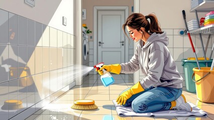 Young woman wearing gloves cleaning floor in modern bathroom. Concept of woman wearing gloves cleaning floor emphasizing housekeeping and attention to detail in bright environment.