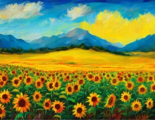 Obraz premium digital oil painting of peaceful rural landscape with colorful sunflower field under vivid blue sky and mountain range in the background impressionism generative ai