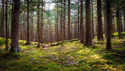 Obraz premium beautiful scenic view of pine forest on hardy road in wilmington new york with moss and leaves and pine needles covering the ground