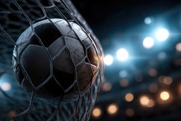 Soccer ball in goal net.