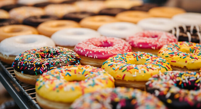 Close-up of assorted donuts with colorful sprinkles, showcasing a variety of glazes.  Image represents sweetness, indulgence, and bakery treats