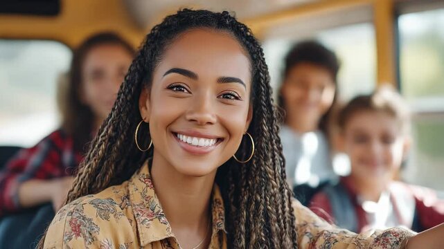 Happy school bus driver or attendant radiating positivity. Charismatic woman with pigtails and children in the background on a school bus, symbolizing the path to knowledge. Safety and friendliness.