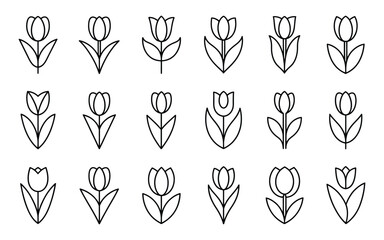 Set of Various Tulip Outline Icons Vector Illustration - Minimalist Hand-Drawn Floral Symbols Collection for Spring, Garden, Nature, and Botanical Design Elements