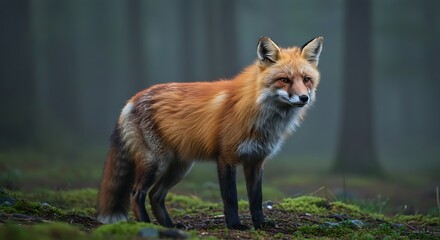 Fototapeta premium Majestic Red Fox in Misty Forest A Stunning Wildlife Photograph