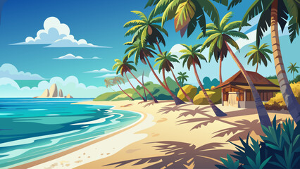 Fototapeta premium Nungwi Beach, Zanzibar – Palm‑lined beach meets gentle Indian Ocean tide. White sand glimmers in afternoon sun, ideal for breezy tropical vector scenes.