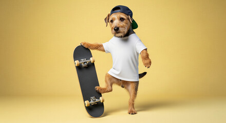 Adorable terrier dog, a cool and funny animal, casually posing with a skateboard and wearing a stylish baseball cap and white t-shirt.