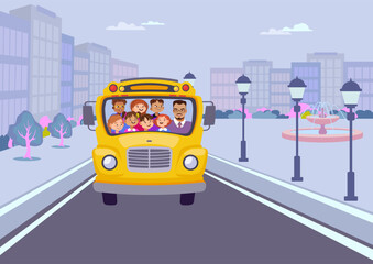 Yellow school bus with diverse happy children and driver. Front view, driving through a city street with buildings and streetlights. Ideal for education, school transport, and urban themes. Vector.