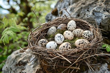 Obraz premium Small bird nest filled with speckled eggs resting on a mossy rock in a natural outdoor setting