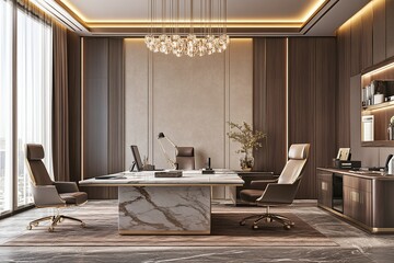 Modern Office Interior Design With Marble Desk And Gold Accents