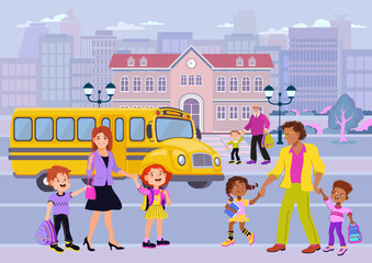 Yellow school bus parked near a school building in a city. Parents and children are walking nearby. Represents back to school, education, and family themes in an urban setting. Vector illustration. 